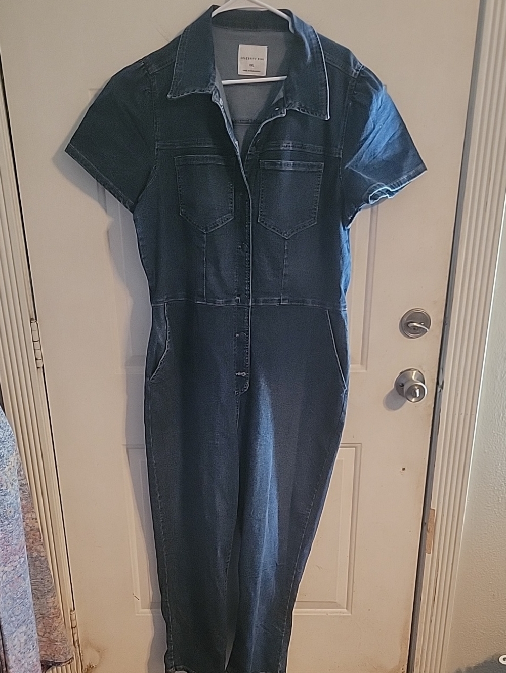 Celebrity Pink Dark Blue Short-Sleeve Denim Jumpsuit